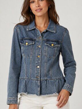 Hayden Los Angeles Womens Peplum Large Denim Jacket Med Wash Raw Hem Cotton